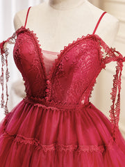 Homecoming Dress Chiffon, A-Line Burgundy Lace Short Prom Dress, Burgundy Puffy Homecoming Dresses