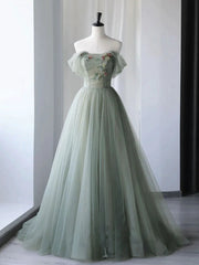 Bridesmaid Dresses Dark Green, A-Line Green Tulle Long Prom Dress,Unique Formal Evening Dresses