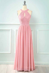 Bridesmaids Dresses Fall, A-line Halter Lace Cut-Out Chiffon Long Bridesmaid Dress