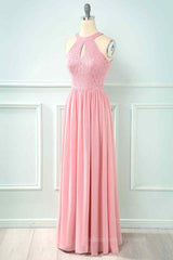 Bridesmaides Dresses Fall, A-line Halter Lace Cut-Out Chiffon Long Bridesmaid Dress