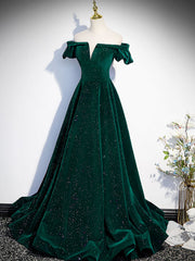 Homecoming Dress Formal, A-Line Off Shoulder Velvet Long Prom Dresses, Green Velvet Graduation Dress