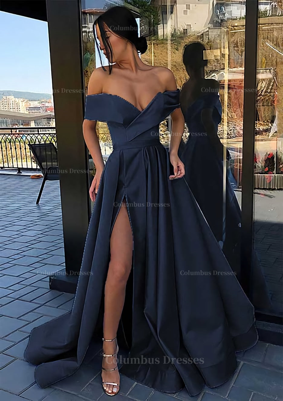 Homecoming Dress Online, A-line Off-the-Shoulder Cap Straps Sweep Train Satin Prom Dress With Pleated Split