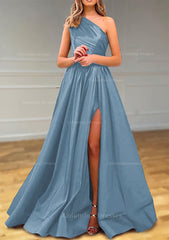 Prom Dress Princess, A-line One-Shoulder Satin Prom Dress With Pleated Split