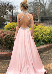 Homecomming Dress Black, A-line/Princess High-Neck Sleeveless Sweep Train Satin Prom Dress With Waistband Beading