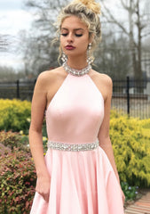 Homecoming Dress Black, A-line/Princess High-Neck Sleeveless Sweep Train Satin Prom Dress With Waistband Beading