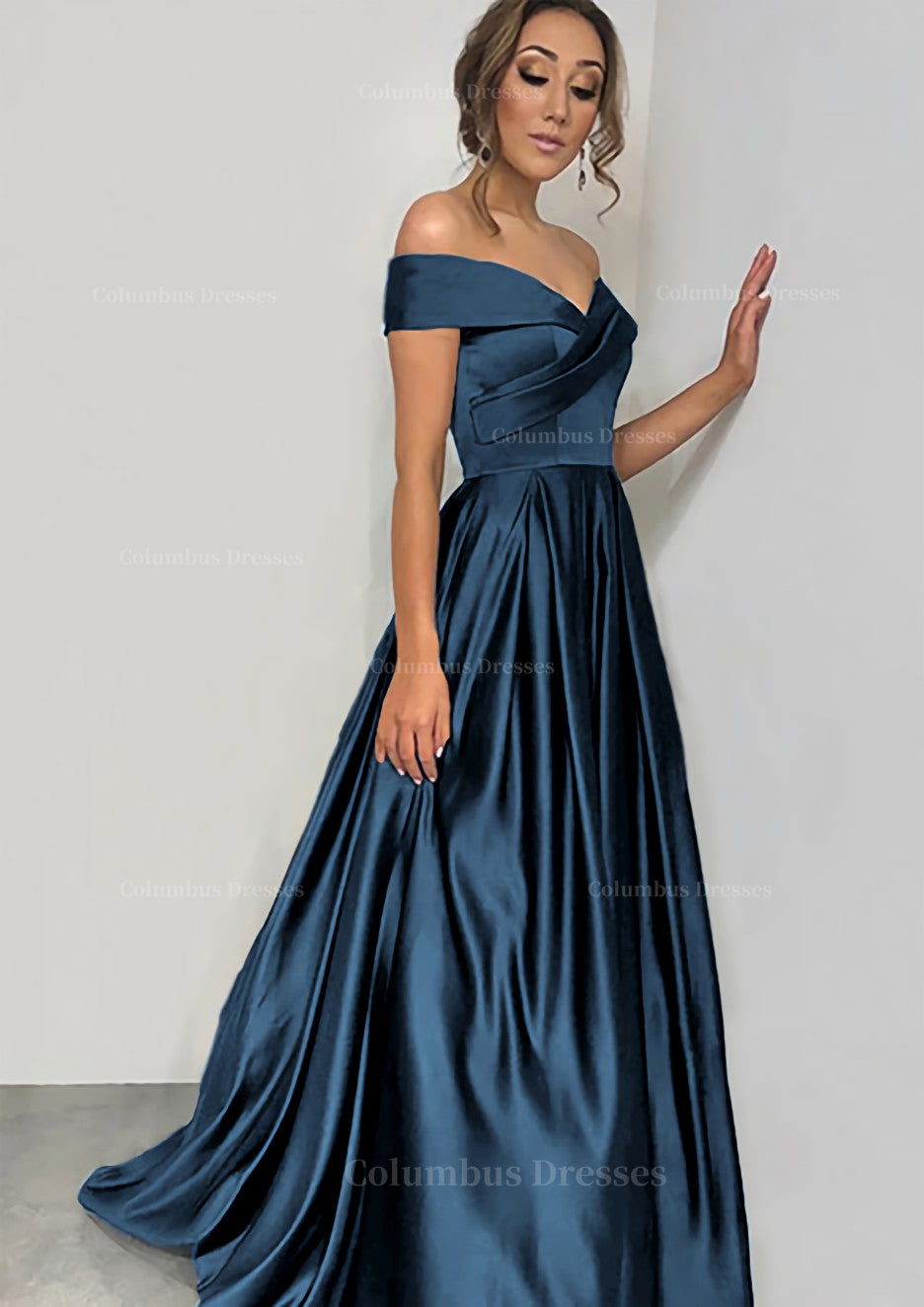 Party Dresses Classy Elegant, A-line/Princess Off-the-Shoulder Sleeveless Sweep Train Satin Prom Dress With Pleated