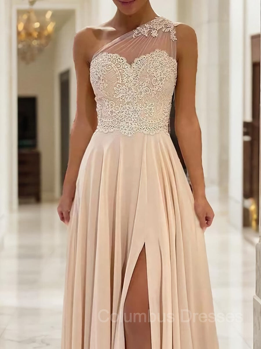 Party Dress Online, A-Line/Princess One-Shoulder Sweep Train Chiffon Prom Dresses With Leg Slit