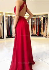 Bridesmaids Dresses Modest, A-line/Princess Scalloped Neck Sleeveless Long/Floor-Length Chiffon Prom Dress With Split