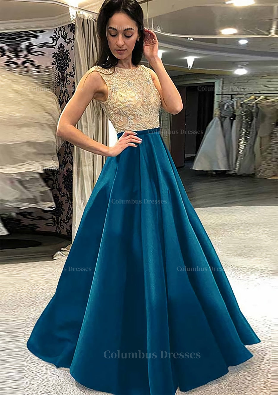 Homecoming Dress Shops Near Me, A-line/Princess Scoop Neck Sleeveless Long/Floor-Length Satin Prom Dress With Beading