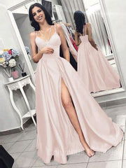 Evening Dress Elegant, A-Line/Princess Spaghetti Straps Sweep Train Satin Evening Dresses With Pockets