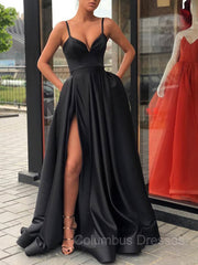 Homecoming Dress 2040, A-Line/Princess Straps Sweep Train Satin Prom Dresses With Leg Slit