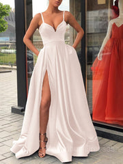 Homecoming Dress Websites, A-Line/Princess Straps Sweep Train Satin Prom Dresses With Leg Slit