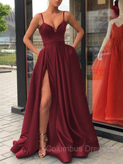 Homecoming Dresses Websites, A-Line/Princess Straps Sweep Train Satin Prom Dresses With Leg Slit