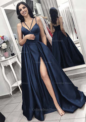 Party Dresses Cocktail, A-line/Princess V Neck Sleeveless Long/Floor-Length Elastic Satin Evening Dress With Split Pleated