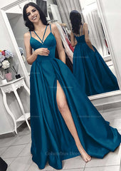 Party Dresses Summer, A-line/Princess V Neck Sleeveless Long/Floor-Length Elastic Satin Evening Dress With Split Pleated