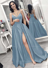 Party Dress For Summer, A-line/Princess V Neck Sleeveless Long/Floor-Length Elastic Satin Evening Dress With Split Pleated