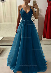 Prom Dresses Shop, A-line/Princess V Neck Sleeveless Long/Floor-Length Prom Dress With Appliqued Beading