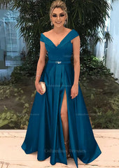 Evening Dress Shops Near Me, A-line/Princess V Neck Sleeveless Long/Floor-Length Satin Prom Dress With Split Beading