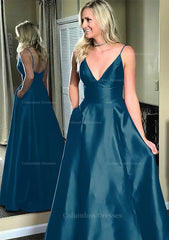 Prom Dress Shops Near Me, A-line/Princess V Neck Sleeveless Sweep Train Satin Prom Dresses