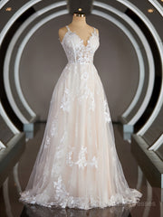 Wedding Dress Lace Sleeves, A-Line/Princess V-neck Sweep Train Lace Wedding Dresses with Appliques Lace