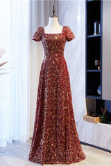 Formal Dresses Summer, A-line Square Neck Sleeves Sequins Long Formal Dress