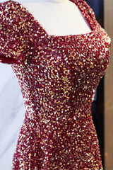 Formal Dresses Long Sleeve, A-line Square Neck Sleeves Sequins Long Formal Dress