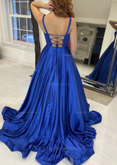 Evening Dresses 2049, A-line Square Neckline Sleeveless Sweep Train Satin Prom Dress With Pockets