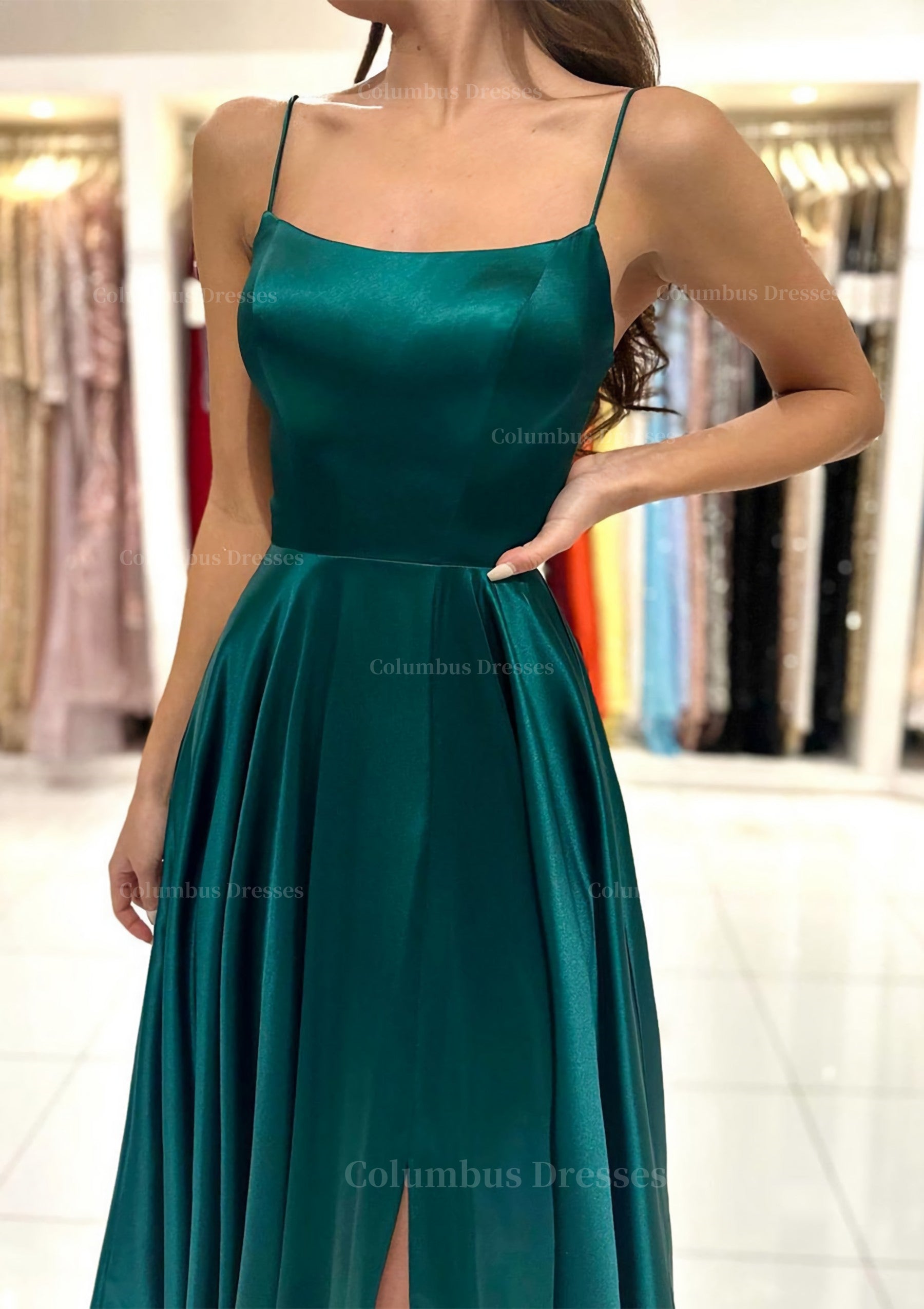 Prom Dress Ideas, A-line Square Neckline Spaghetti Straps Sweep Train Charmeuse Prom Dress With Split