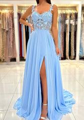 Bridesmaid Dresses Sleeveless, A-line Sweetheart Sleeveless Sweep Train Chiffon Prom Dress With Appliqued Split