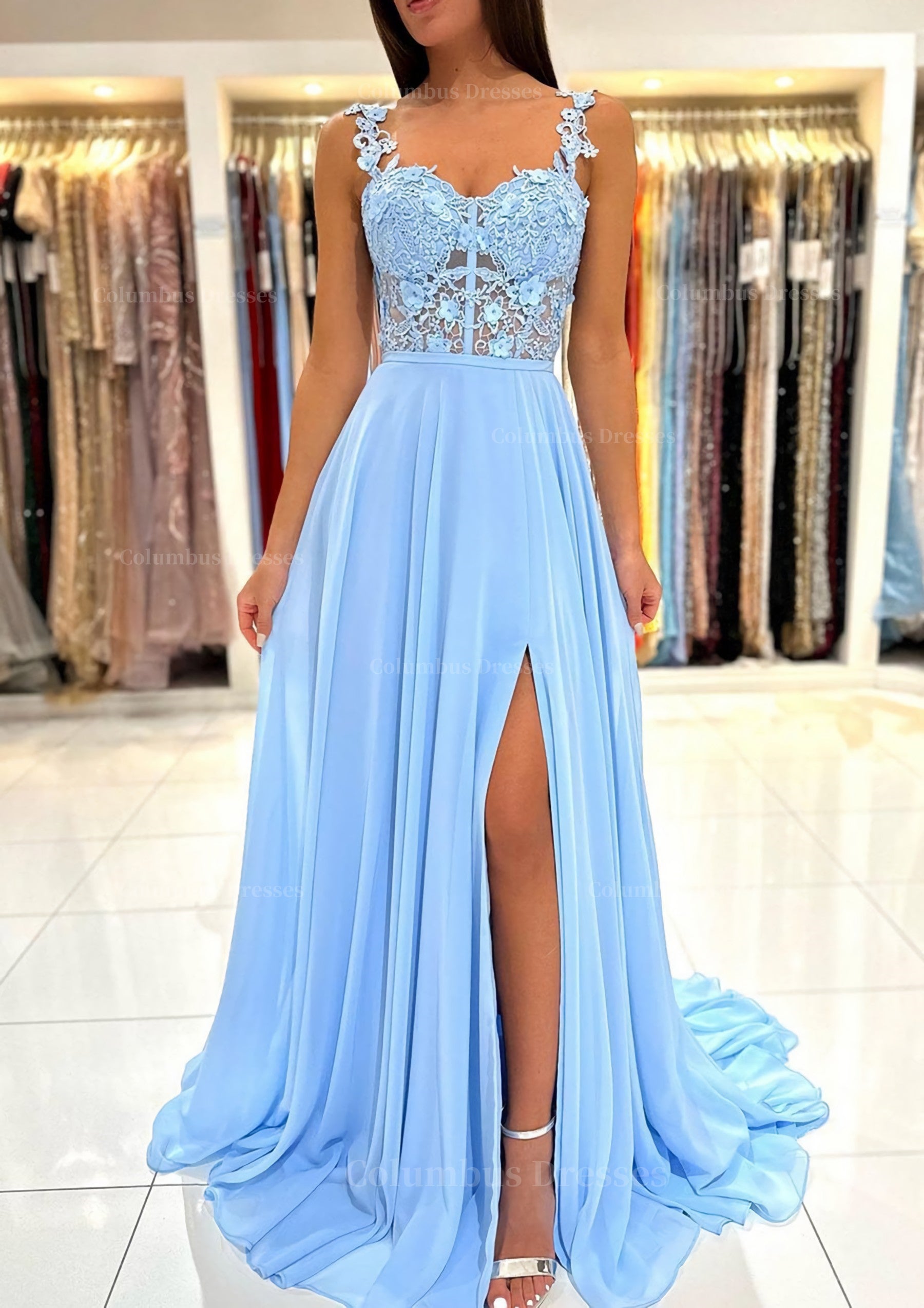 Bridesmaids Dresses Uk, A-line Sweetheart Sleeveless Sweep Train Chiffon Prom Dress With Appliqued Split