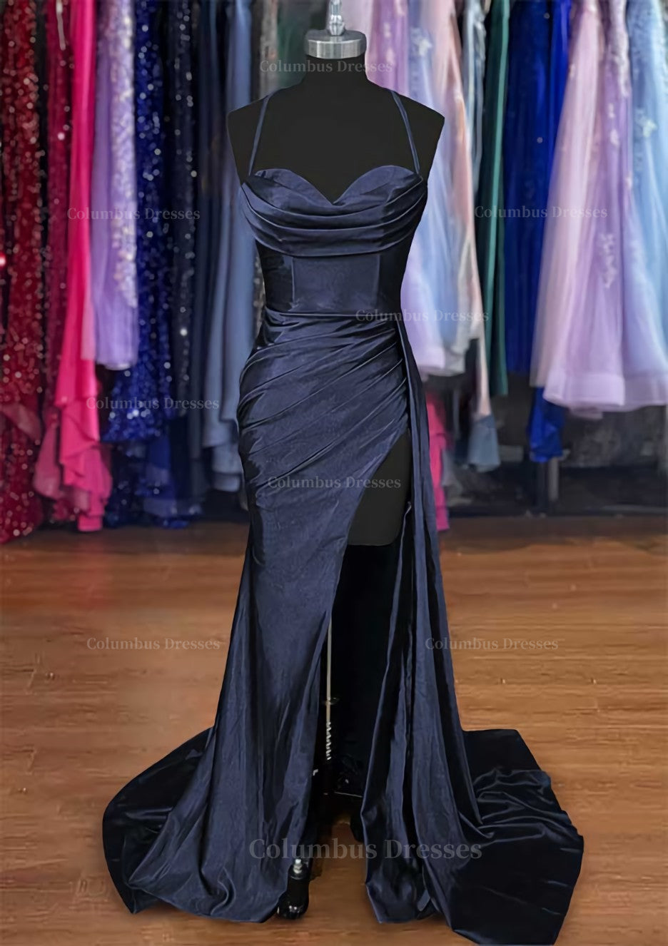 Prom Dress Glitter, A-line Sweetheart Spaghetti Straps Sweep Train Silk like Satin Ruched Prom Dress