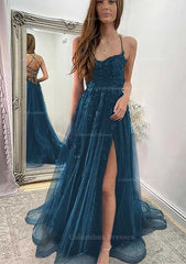 Party Dresses Short Clubwear, A-line Sweetheart Spaghetti Straps Sweep Train Tulle Prom Dress With Appliqued Split