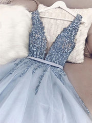 Party Dress Set, A Line V Neck Blue Beaded Long Prom Dresses, Blue Beaded Long Formal Evening Dresses