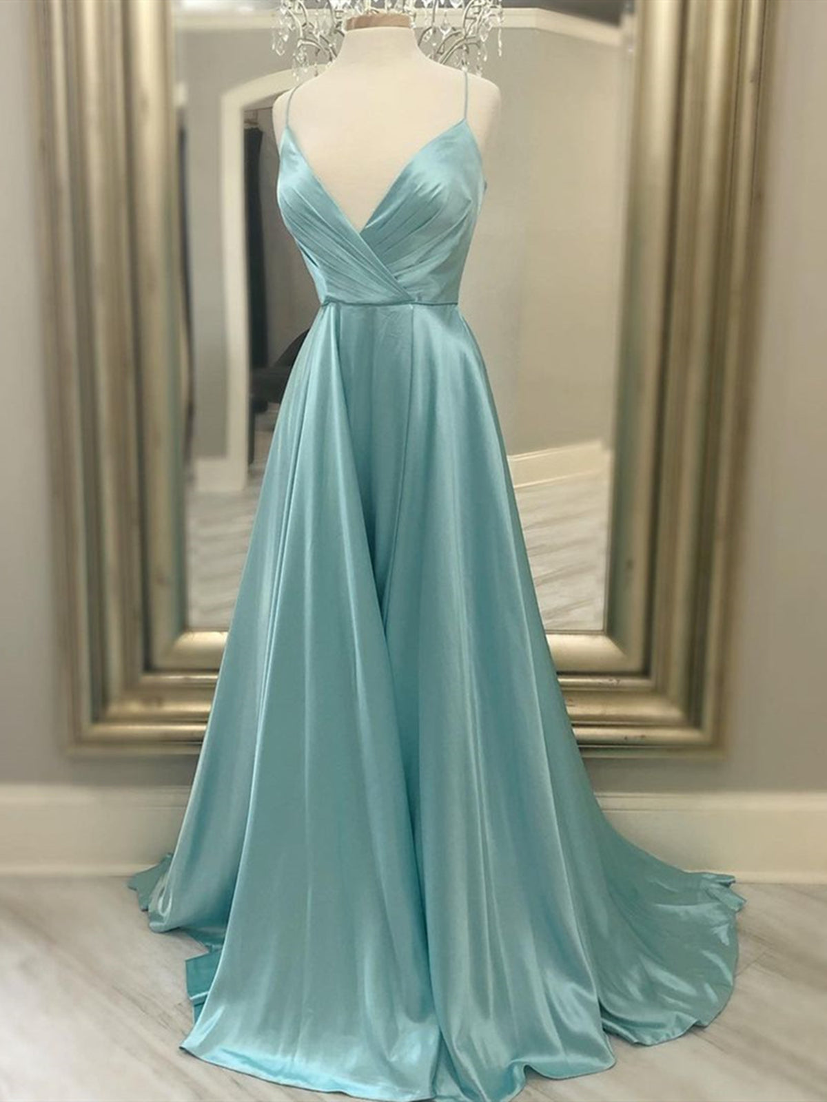 Party Dress Outfit Ideas, A Line V Neck Green Satin Long Prom Dresses, Green V Neck Long Formal Evening Dresses