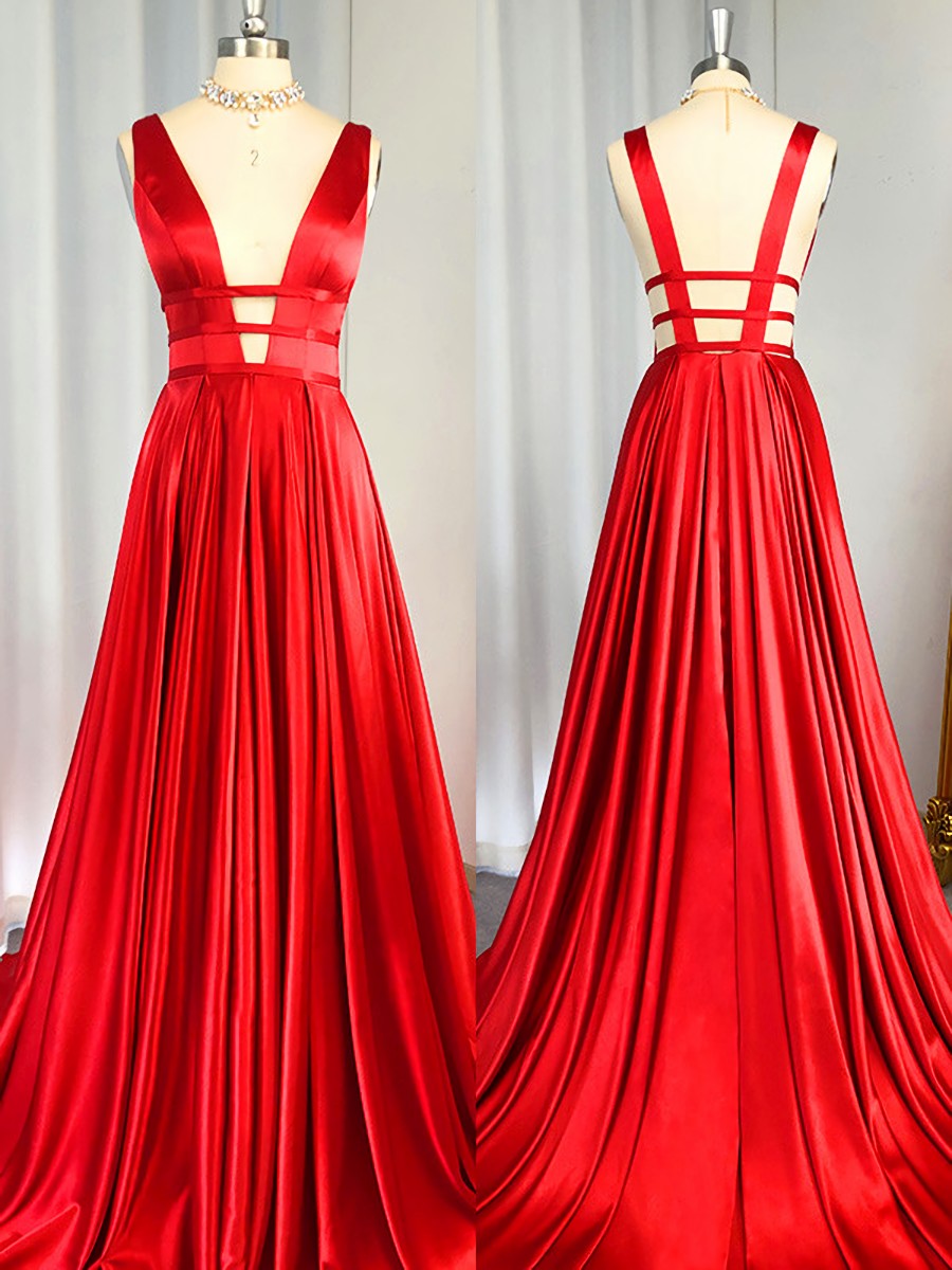 Bridesmaid Dresses Ideas, A-line V-neck Ruffles Sweep Train Elastic Woven Satin Dress