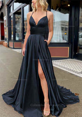 Evening Dresses Petite, A-line V Neck Sleeveless Charmeuse Sweep Train Prom Dress With Pockets