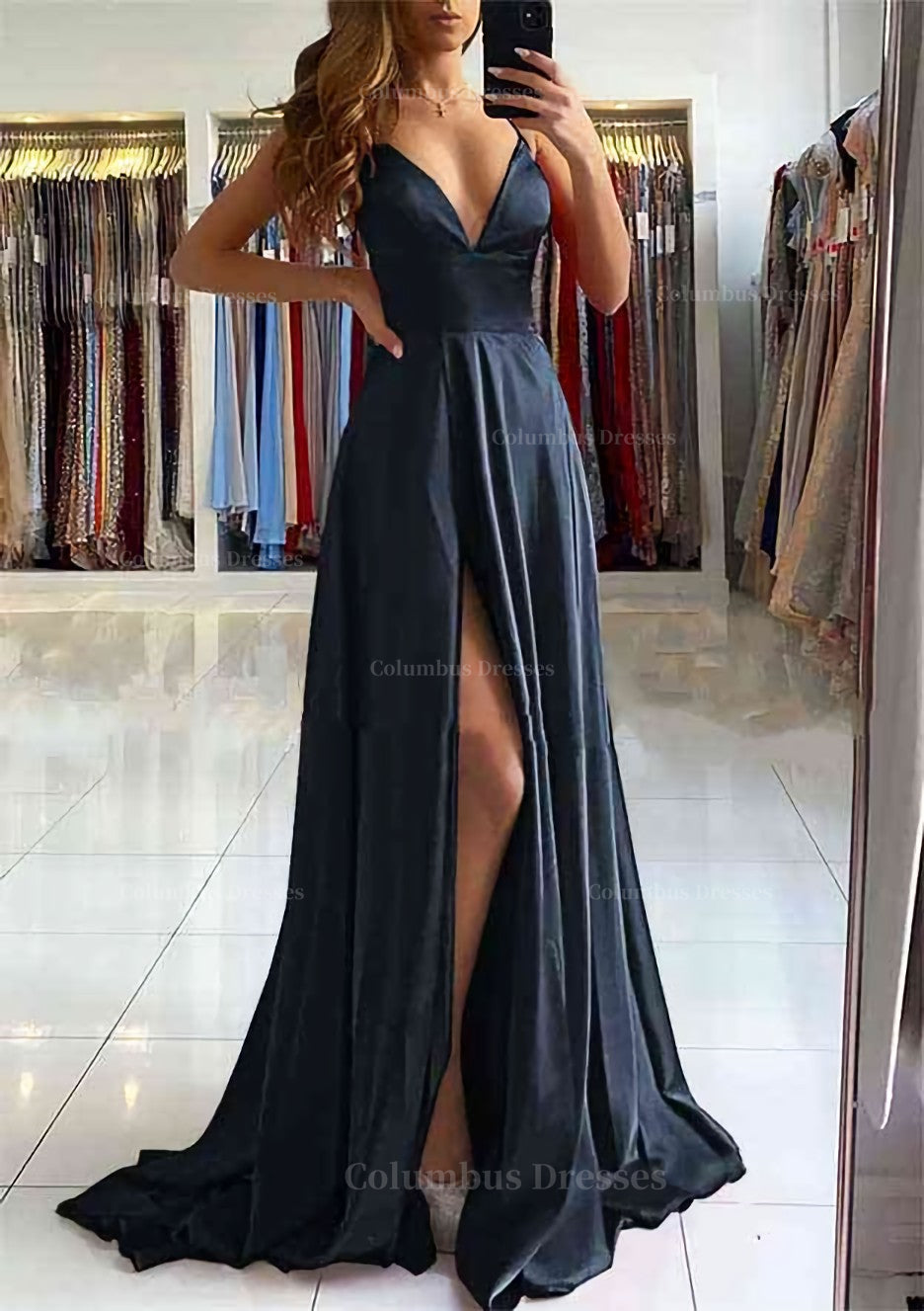 Dress To Impression, A-line V Neck Sleeveless Charmeuse Sweep Train Prom Dress With Split