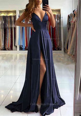 Wedding Dress Guest, A-line V Neck Sleeveless Charmeuse Sweep Train Prom Dress With Split