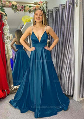 Bridesmaid Dresses Websites, A-line V Neck Sleeveless Satin Sweep Train Prom Dress With Beading