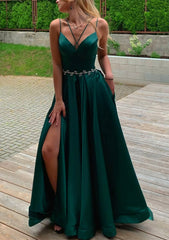 Dress Short, A-line V Neck Sleeveless Satin Sweep Train Prom Dress With Pockets Waistband Split