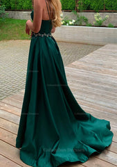 Dress Formal, A-line V Neck Sleeveless Satin Sweep Train Prom Dress With Pockets Waistband Split