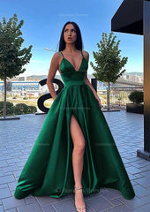 Short Prom Dress, A-line V Neck Sleeveless Sweep Train Satin Prom Dress