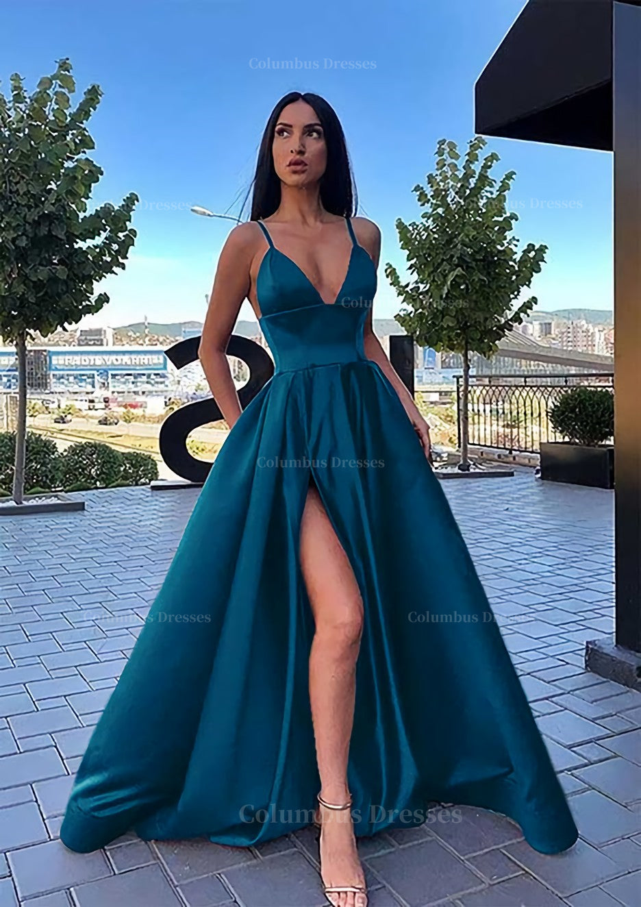 Emerald Green Bridesmaid Dress, A-line V Neck Sleeveless Sweep Train Satin Prom Dress