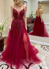 Bridesmaids Dresses Satin, A-line V Neck Spaghetti Straps Chapel Train Tulle Prom Dress With Split Appliqued