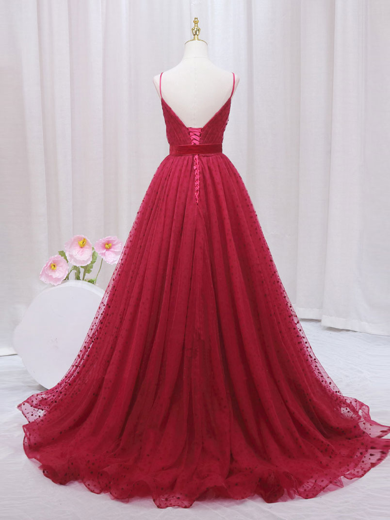 Light Blue Dress, A-Line V Neck Tulle Burgundy Long Prom Dress, Burgundy Formal Dresses