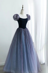 Homecoming Dress Shopping Near Me, A-Line Velvet Tulle Long Prom Dress, Cute Short Sleeve Evening Party Dress