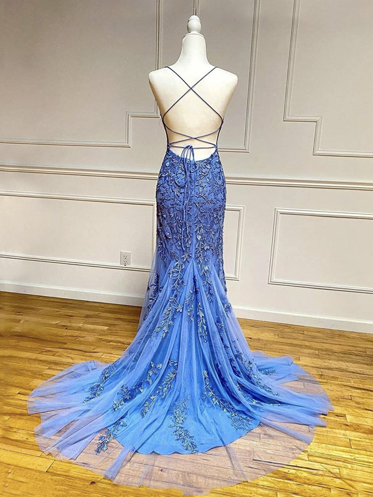 Party Dress Style Shop, Backless Blue Lace Prom Dresses, Open Back Blue Lace Formal Graduation Dresses