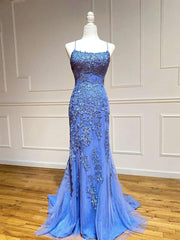 Party Dress On Line, Backless Blue Lace Prom Dresses, Open Back Blue Lace Formal Graduation Dresses