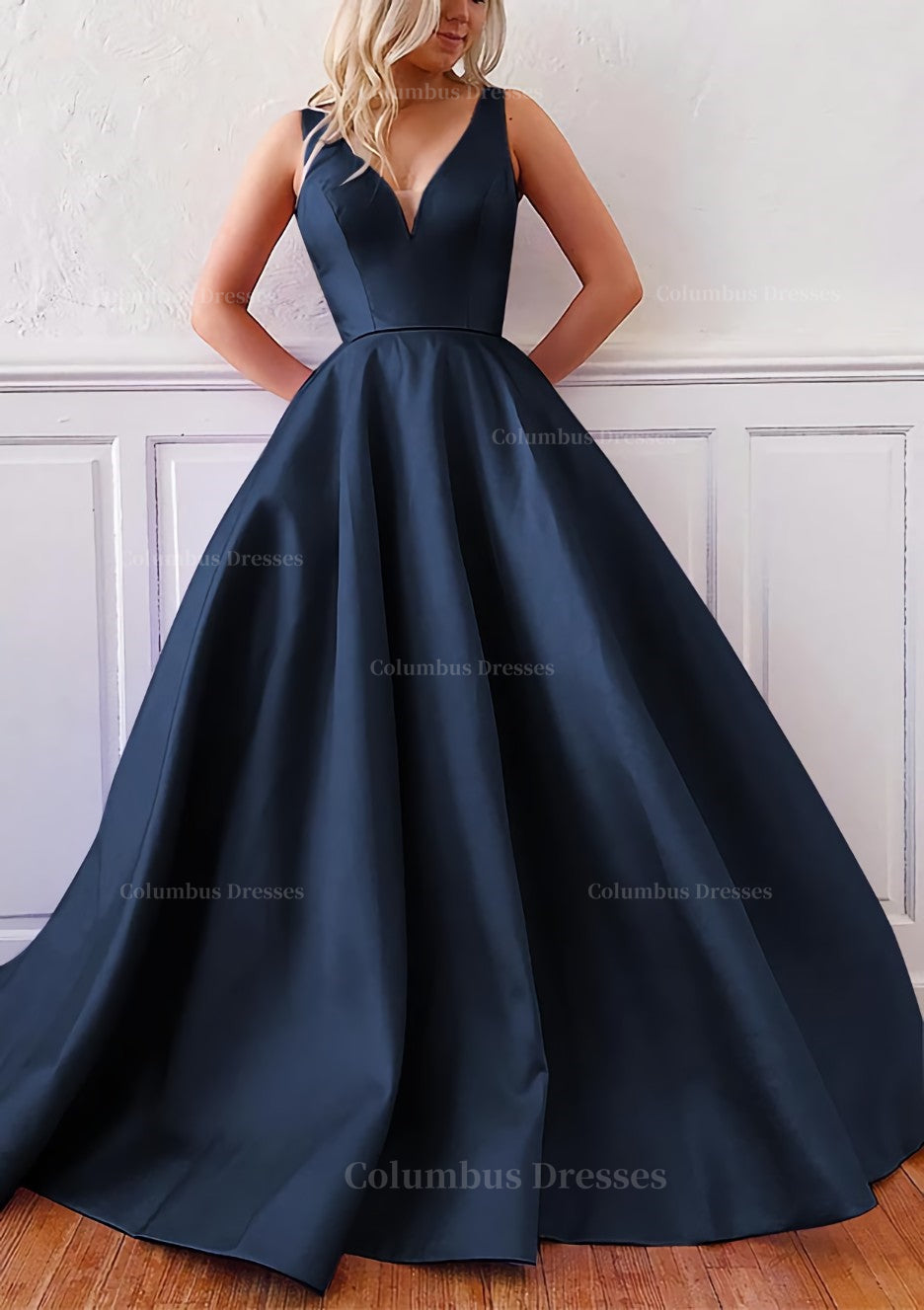 Prom Dress Designers, Ball Gown V Neck Sleeveless Satin Sweep Train Prom Dress