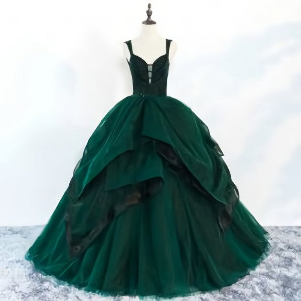 Party Dress Classy Elegant, Beautiful Dark Green Prom Dresses Ball Gown Beading Ruffles Spaghetti Straps Backless Sleeveless Floor-Length Long Formal Dresses